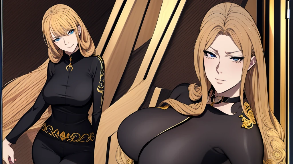 "Anime-style illustration of a tall, mature woman at 40 with long, golden blonde hair in large coils. She has a curvaceous figure and is beautiful despite her age. She wears a seductive, imposing blue suit, with an intimidating yet impressive gaze and arrogant attitude. Highlight her confident and attractive presence."