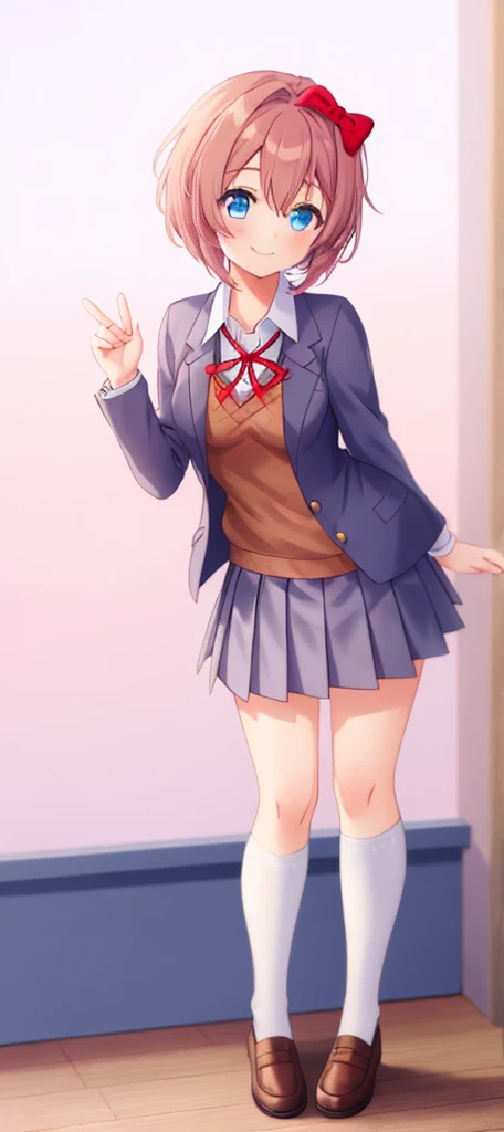 one girl, Sayori, DDLC, school blazer, hair bow, close to girl, too gentle, blue eyes, she is always smiling, full body, cute pose