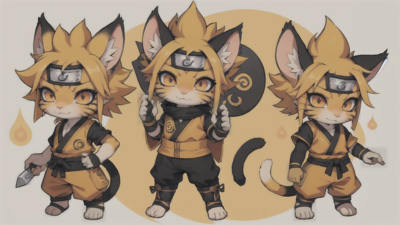 a cat warrior character, cat ears, furry, (full body:1.2) , chibi, advanced digital chibi art, g liulian art style, maplestory mouse, bian lian, chibi art, league of legends art style, character art of maple story, ((view at the viewer)), (((Naruto Uzumaki costume)))