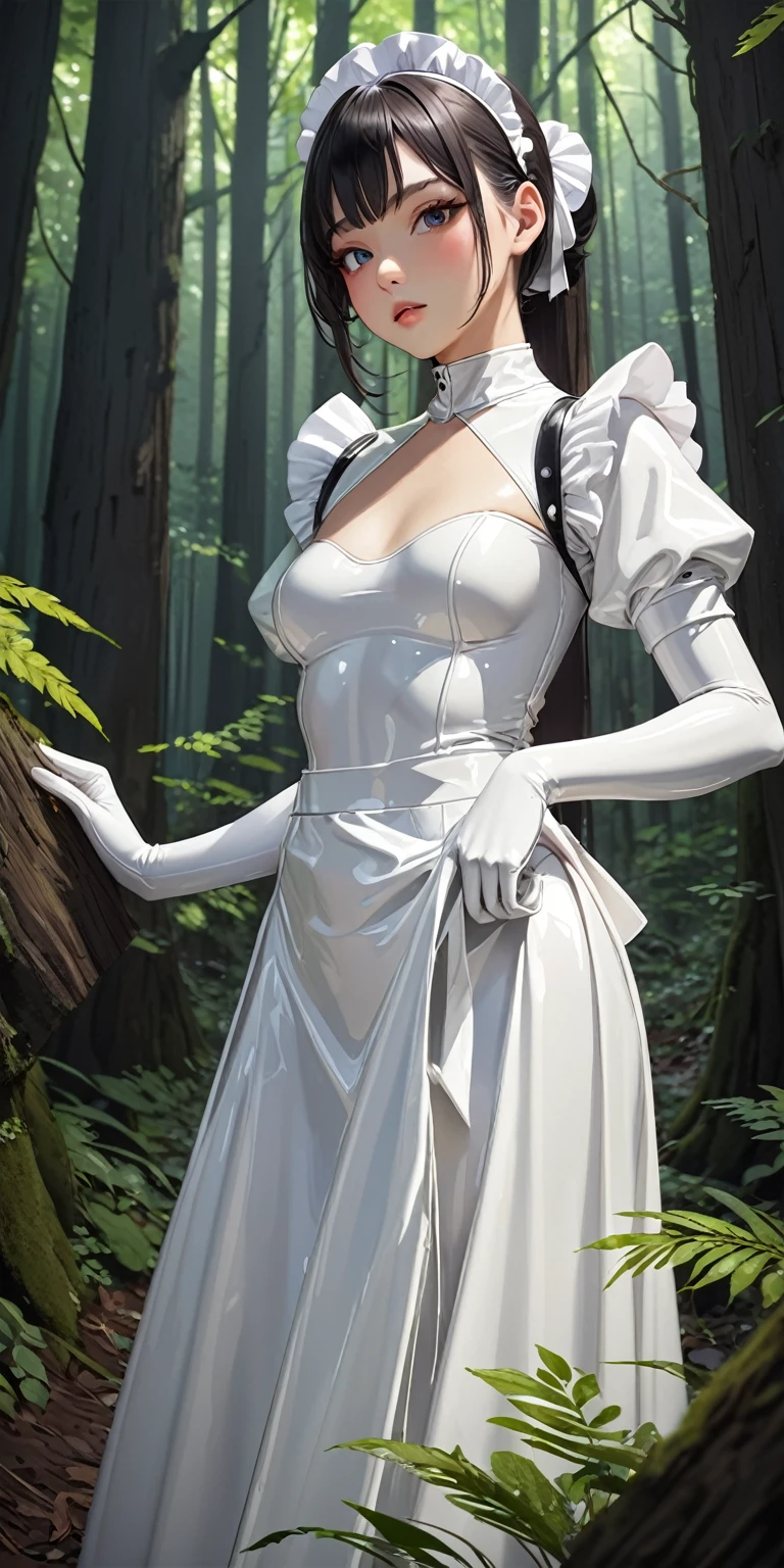 Portraiture、(masterpiece,Highest quality,Ultra-high resolution),Japanese women, (((Very beautiful 25 year old girl))),(White latex maid dress)、(((White latex long skirt)))、(A long-sleeved white latex shirt covering the upper body)、White latex long gloves、White latex socks、(White latex bodysuit)、The clothes fit snugly to the body、White latex is very shiny、Standing in a dark forest、