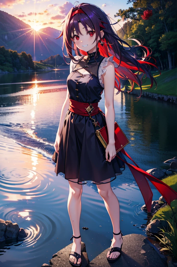 yuukikonno, Konno Yuuki, hair band, Long Hair, Pointed Ears, Purple Hair, (Red eyes:1.5), (Small breasts:1.2),smile,Grin,Purple sleeveless dress、Cute Sandals,Put your right hand on your hip,Are standing,Daytime,whole bodyがイラストに入るように, break looking at viewer, whole body, break outdoors,countryside, break (masterpiece:1.2), Highest quality, High resolution, unity 8k wallpaper, (figure:0.8), (Detailed and beautiful eyes:1.6), Highly detailed face, Perfect lighting, Extremely detailed CG, (Perfect hands, Perfect Anatomy),チックなmorning日,morning,Extreme light,