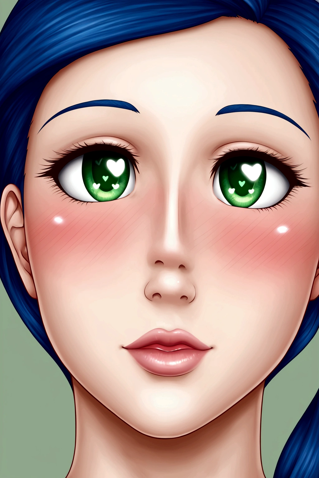 ((masterpiece:1.2, best quality)), (close-up:1.1), (head-shot), (from front, facing front:1.2), 1girl, solo, blue hair, green eyes, horny face, blush, lucious lips, love eyes, heart eyes