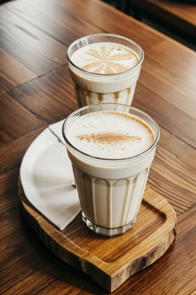 A glass of milk tea sits in the middle of a wooden table at the cafe.