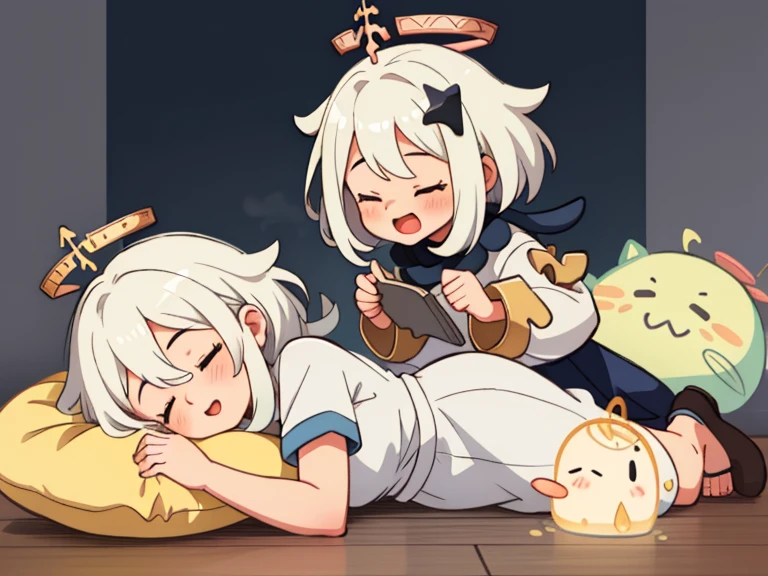 (1 girl) , tender, Sleeping, happy, lying down, kitchen background, White hair, round slime pillow, golden halo, long white dress, slime, 
