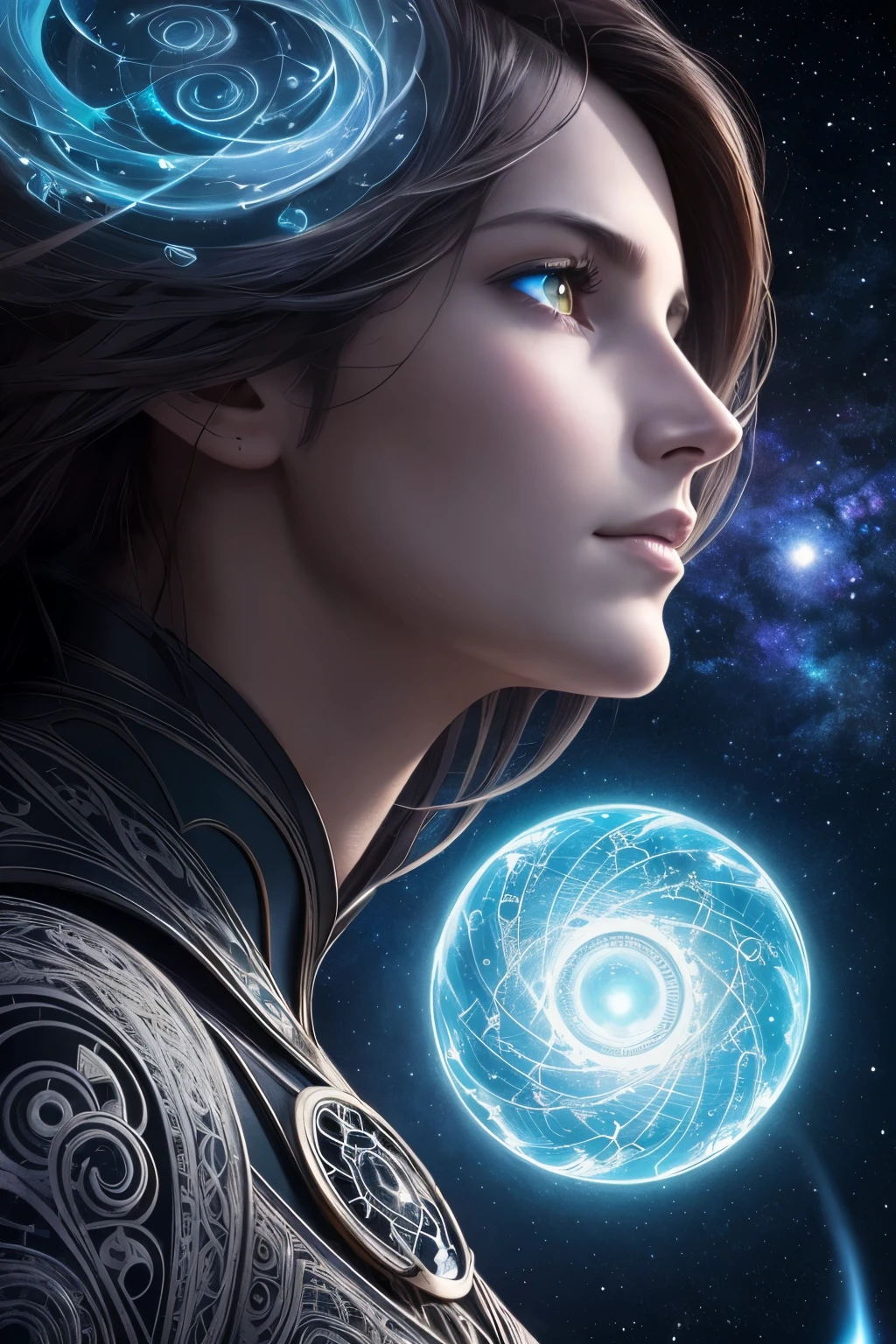In this hauntingly beautiful piece of art, titled "Cosmic Dream," by Clayton Crain, Stjepan Sejic, Rachel Walpole, Jeszika Le Vye, and Peter Mohrbacher, the constellations form intricate paisleys that seem to extend infinitely across the sky. The condensation tumbles down, casting a veil over one's sight, blurring the line between reality and the surreal, tantalizingly erasing and revealing in equal measure.
The central figure, captured in a close-up, is lost in thought, their glowing pupils reflecting the swirling patterns of the cosmos above. The detail in