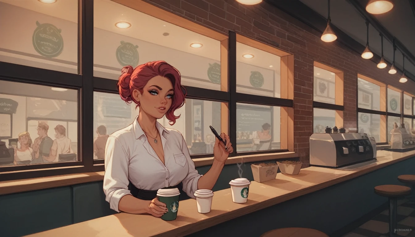 At night, local coffee shop interior, tables and coffee cups and a big window in the center