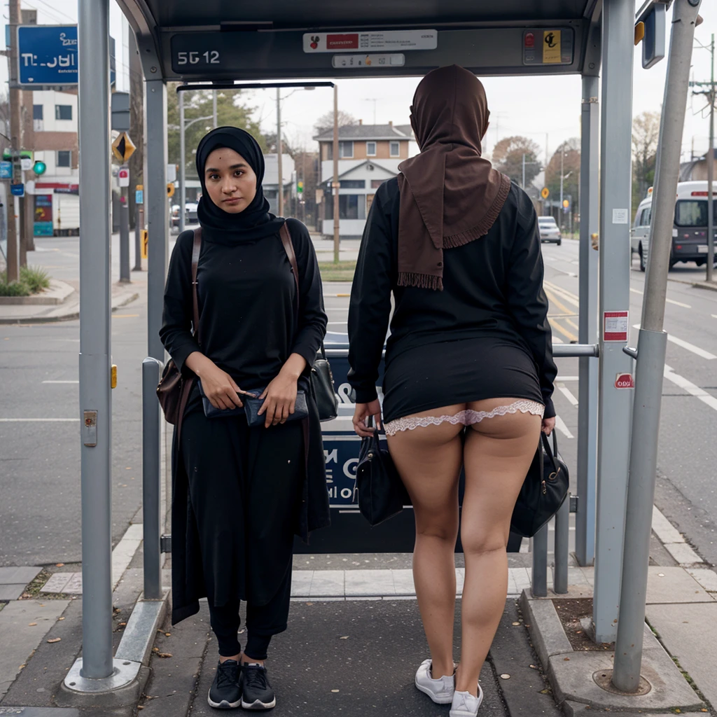 A woman wearing a hijab and her panties are visible at the bus stop..Passengers at the bus stop are looking at him 