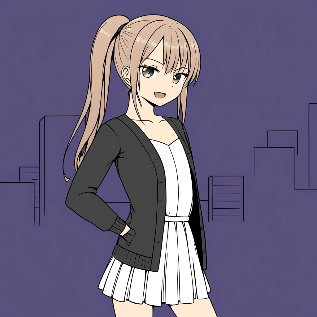 masterpiece , top quality , color , lineart , one girl , solo , 20 years old , flat chest , ponytail , light brown hair , black cardigan  , long white skirt , smirk , stand up  , open eyes , open mouth , simple backqround ,City at night