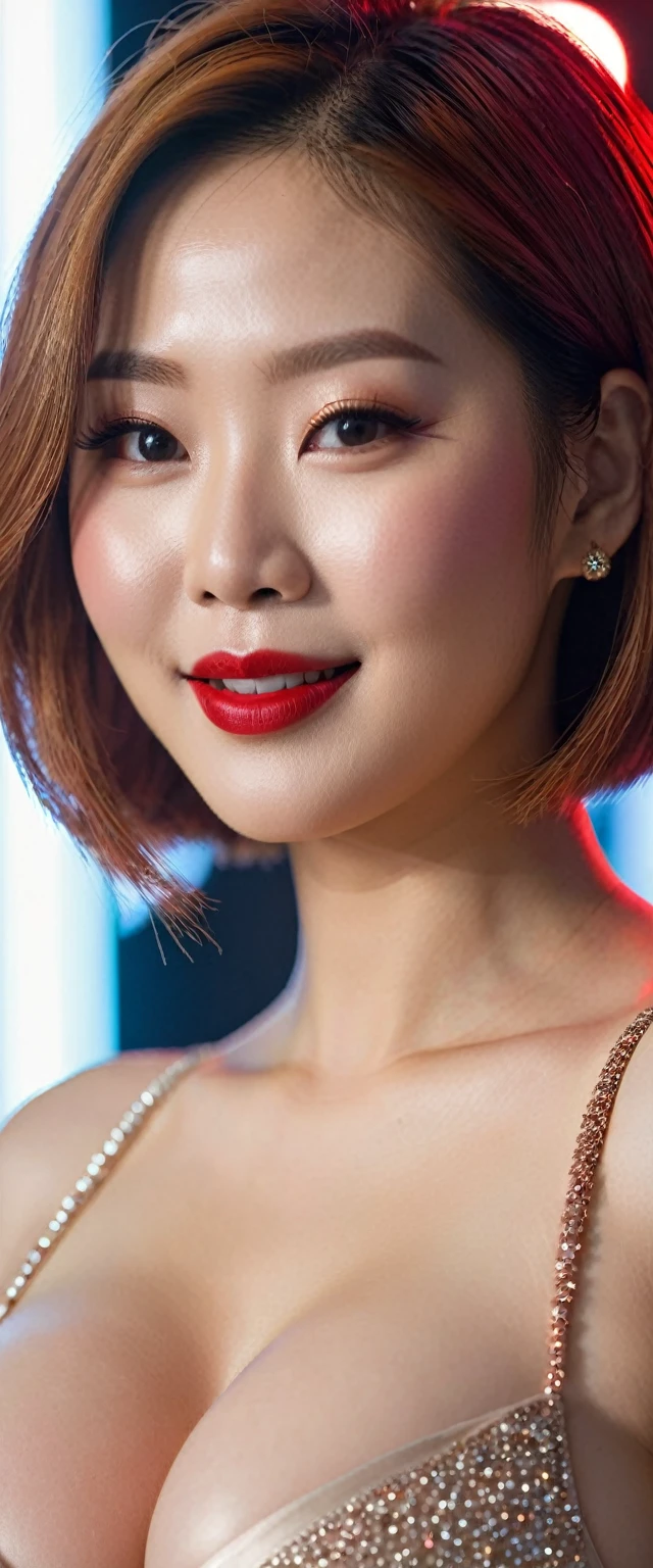 close-up of beautiful korean female, Gorgeus Girl, Beautiful, Baby Face, 20 Years Old, White Skin, red lipstick, sensual Lipstick, Colossal Breasts, Movie Lighting, Futuristic, ((Cleavage)), nude, beautiful Breasts, Rose Eye, Muscles, Bokeh, Masterpiece, Medium Bob, Rose-Gold Hair, Smile, sensational make up