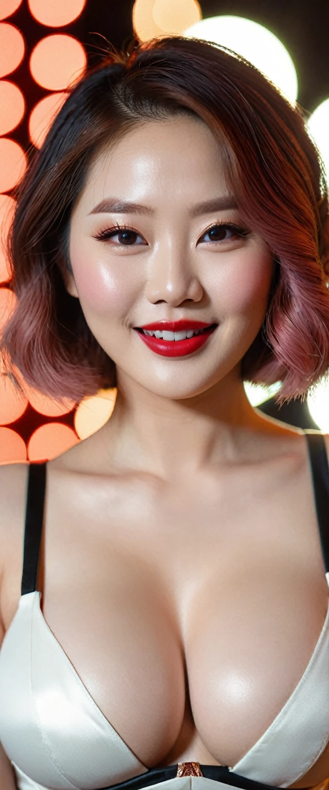 close-up of beautiful korean female, Gorgeus Girl, Beautiful, Baby Face, 20 Years Old, White Skin, red lipstick, sensual Lipstick, Colossal Breasts, Movie Lighting, Futuristic, ((Cleavage)), nude, beautiful Breasts, Rose Eye, Muscles, Bokeh, Masterpiece, Medium Bob, Rose-Gold Hair, Smile, sensational make up