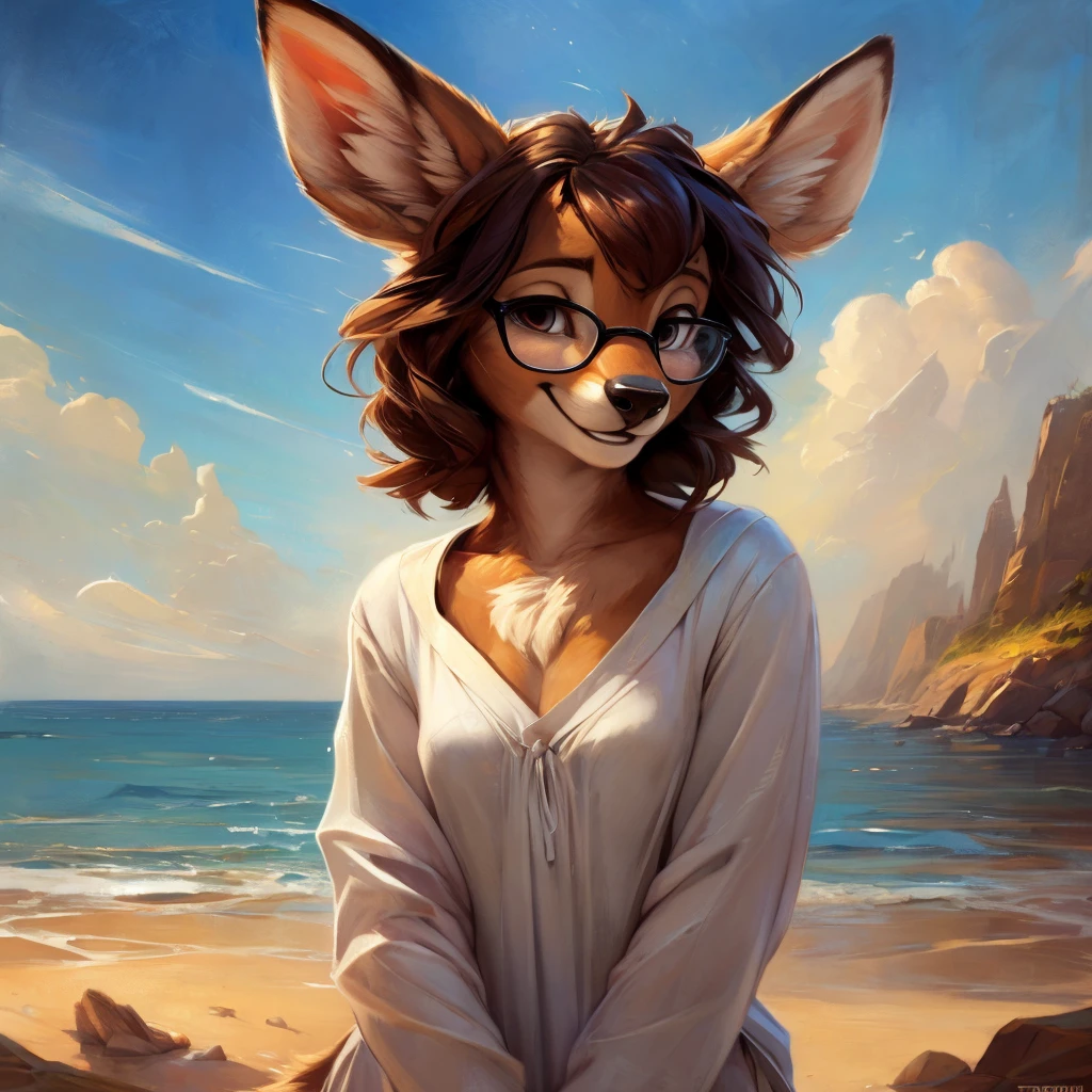 uploaded on e621, by Pixelsketcher, by Bayard Wu, by Thomas Benjamin Kennington , by Einshelm, by hioshiru and kenket, Chunie, portrait, solo anthro female deer doe, with small featureless breasts, clear dark blue, cinematic lighting, day, sunny day, beach, stays in the sea, sea background, mediterranean background, horizon background, shiny, short curly dark brown hair, wears big black nerd glasses, very very beautiful furry art, furry art, smiling, joyful, shiny, happy, feminine, cute face, muzzle, fluffy chest, flawless face, Fallow deer, 1girl, Sakimichan is beautiful, Masterpiece, Wavethesallow Face, shiny, Detailed image, portrait, Detailed image, portrait, full body, wearing wide, long, white blouse, shiny, realistic face, perfect anatomy, hourglass body, (furry body:1.1), anthropomorphic deer, looks at the viewer, small fluffy tail, detailed background, (cute anatomy:1.1), windy, smiling, very happy, happy