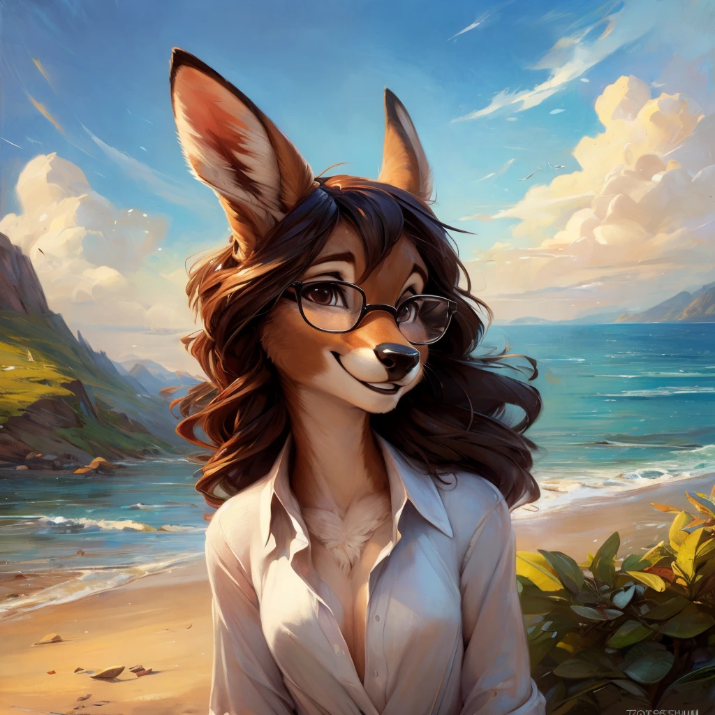 uploaded on e621, by Pixelsketcher, by Bayard Wu, by Thomas Benjamin Kennington , by Einshelm, by hioshiru and kenket, Chunie, portrait, solo anthro female deer doe, with small featureless breasts, clear dark blue, cinematic lighting, day, sunny day, beach, stays in the sea, sea background, mediterranean background, horizon background, shiny, short curly dark brown hair, wears big black nerd glasses, very very beautiful furry art, furry art, smiling, joyful, shiny, happy, feminine, cute face, muzzle, fluffy chest, flawless face, Fallow deer, 1girl, Sakimichan is beautiful, Masterpiece, Wavethesallow Face, shiny, Detailed image, portrait, Detailed image, portrait, full body, wearing wide, long, white blouse, shiny, realistic face, perfect anatomy, hourglass body, (furry body:1.1), anthropomorphic deer, looks at the viewer, small fluffy tail, detailed background, (cute anatomy:1.1), windy, smiling, very happy, happy