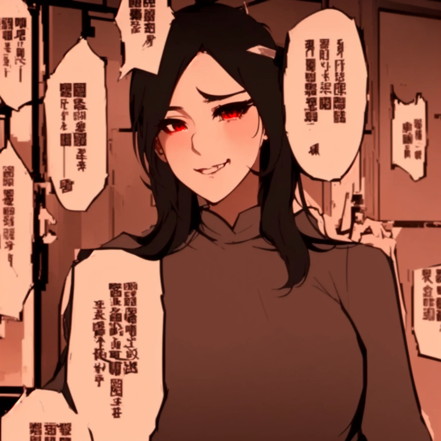 anime girl with black hair and red eyes in front of a wall of Asian characters, by Shingei, artwork in the style of guweiz, Guweiz, recolor, inspired by Li Shida, ( ( ( yoshinari yoh ) ) ), in anime style