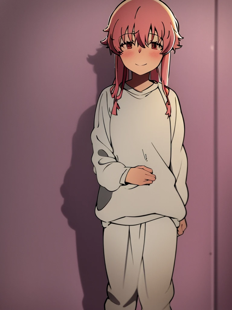 Yuno Gasai wearing a white comfy sweater, standing, casual, smiling softly, blushes, shy