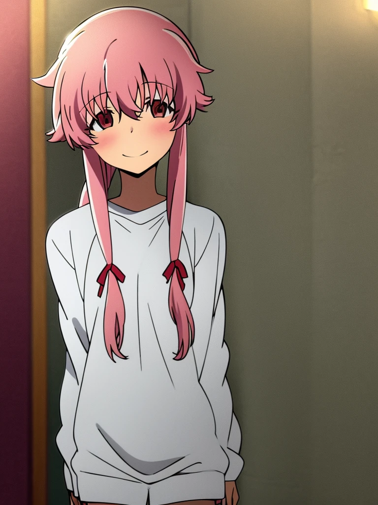 Yuno Gasai wearing a white comfy sweater, standing, casual, smiling softly, blushes, shy