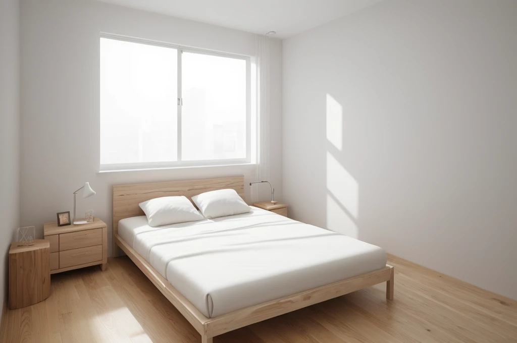 there is a bed with a wooden headboard and foot board in a room, bedroom background, all white render, bedroom interior, fotografia, natural light in room, bright render, sterile minimalistic room, minimalist and clean, clean minimalist design, white bed, clean 3 d render, elegant minimalism, best on adobe stock, inside of a bedroom, clean render