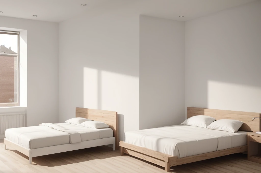 there is a bed with a wooden headboard and foot board in a room, bedroom background, all white render, bedroom interior, fotografia, natural light in room, bright render, sterile minimalistic room, minimalist and clean, clean minimalist design, white bed, clean 3 d render, elegant minimalism, best on adobe stock, inside of a bedroom, clean render