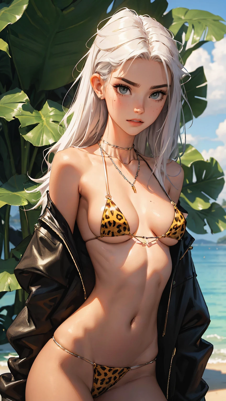 （lifelike， high - resolution：1.3）， 1 girl with a perfect body，slender body, Super fine face and eyes，assasin, dark makeup, shiny skin，white hair, (jungle bikini, cheetah print micro bikini)，Expose cleavage, (bracelets, tooth jewelry, a lot of necklaces, very long necklaces, necklaces down to stomach, body chains, waist chains)