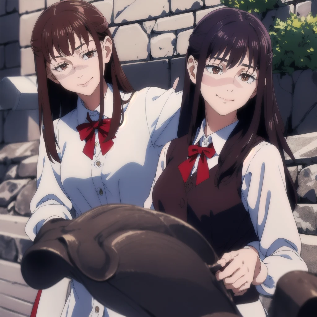 masterpiece,high quality,school,
looking at viewer,smile,
,VEST,collared shirt,Red ribbon,
Close-up, 1girl young, long wavy hair with light brown bangs, bright brown eyes, thesis clara (cold colors) and very feminine features, fine and pretty, subtle makeup and wears a small dark blue uniform. Smiling medium build, but curvy.