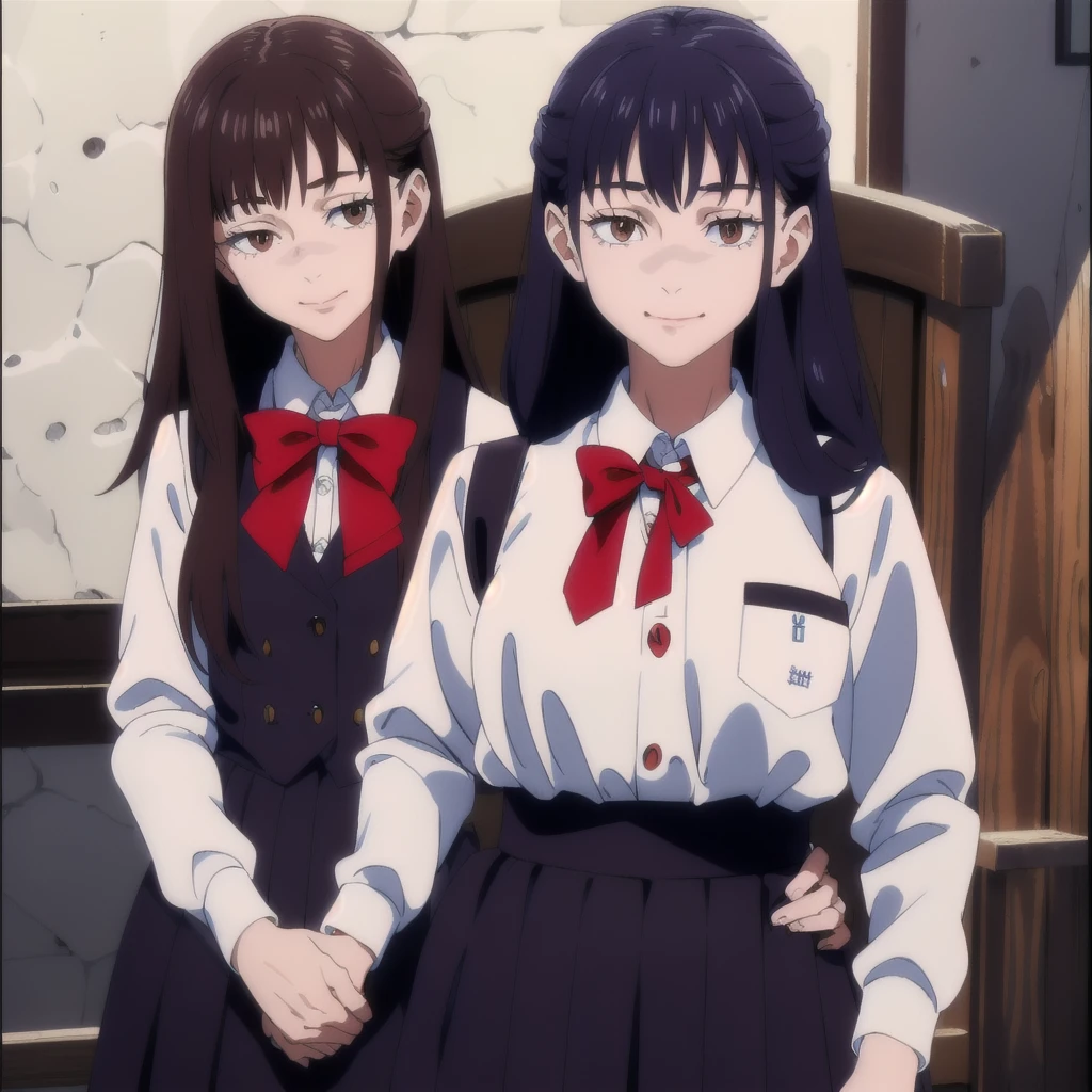 masterpiece,high quality,school,
looking at viewer,smile,
,VEST,collared shirt,Red ribbon,
Close-up, 1girl young, long wavy hair with light brown bangs, bright brown eyes, thesis clara (cold colors) and very feminine features, fine and pretty, subtle makeup and wears a small dark blue uniform. Smiling medium build, but curvy.