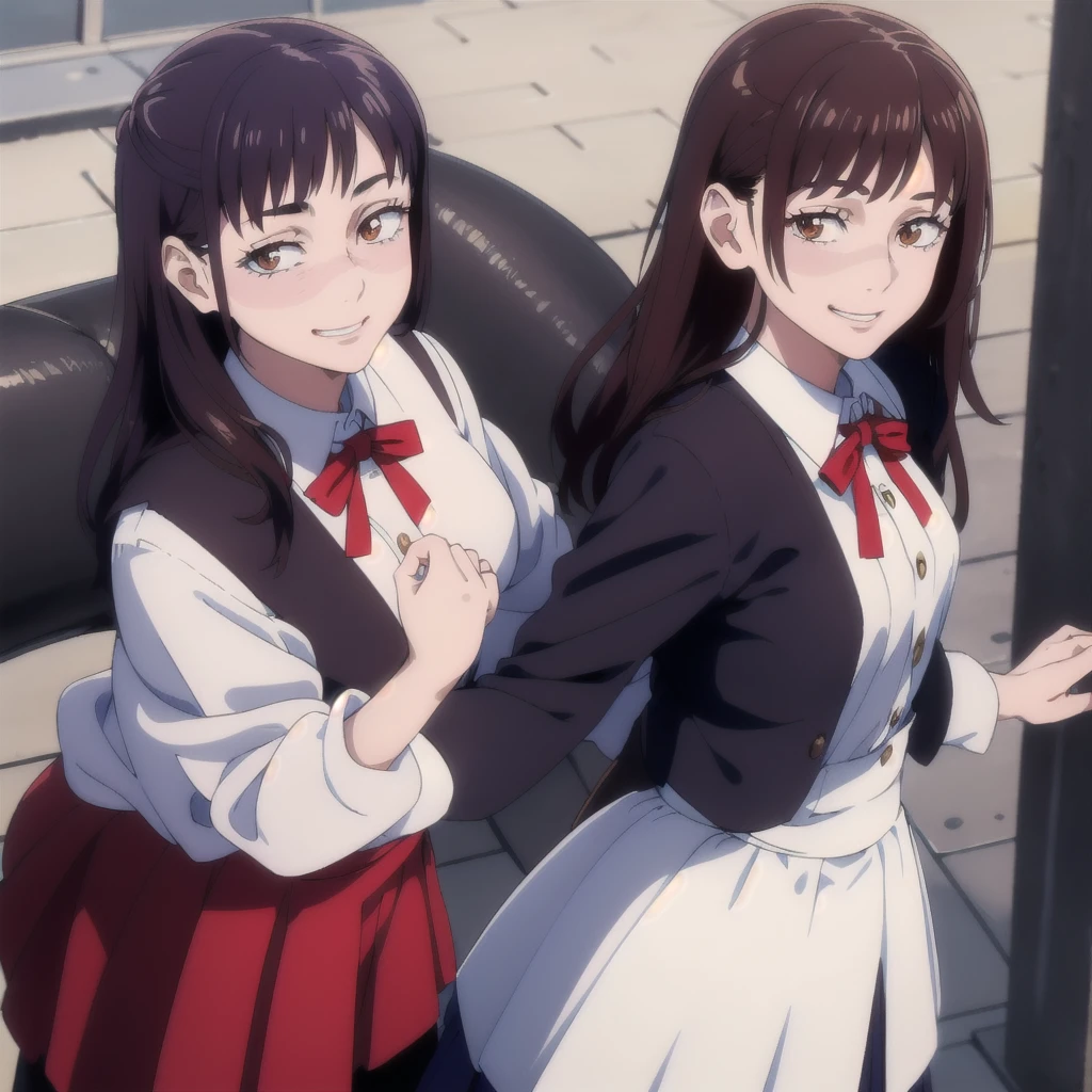 masterpiece,high quality,school,
looking at viewer,smile,
,VEST,collared shirt,Red ribbon,
Close-up, 1girl young, long wavy hair with light brown bangs, bright brown eyes, thesis clara (cold colors) and very feminine features, fine and pretty, subtle makeup and wears a small dark blue uniform. Smiling medium build, but curvy.