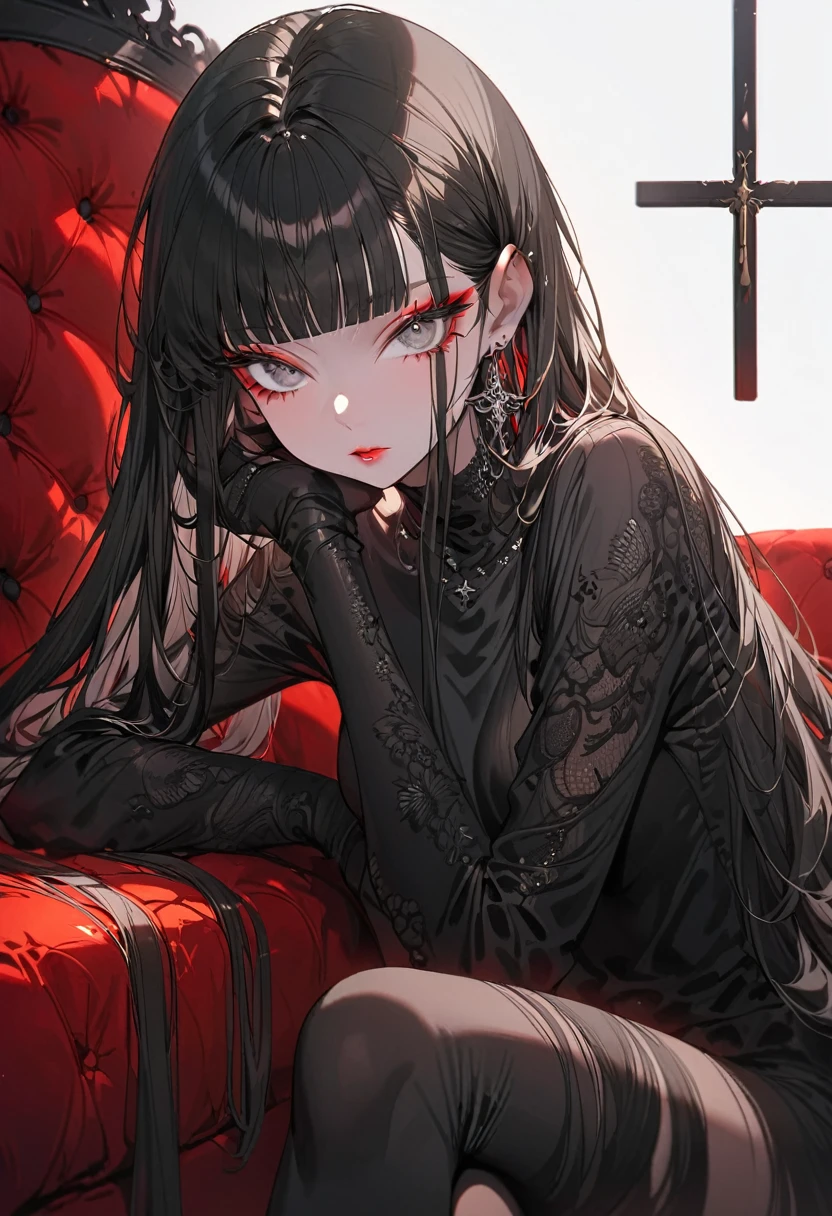 (Highest quality,Super detailed,High resolution:1.2),beautiful woman with perfect face,very_Long eyelashes, Detailed lips, Cool look, Soft Skin, Shiny Hair,Exquisite makeup,Heavy bangs，Dilated grey eyes，Black straight long hair, Wearing a black silk shirt，Sitting cross-legged on a red sofa，