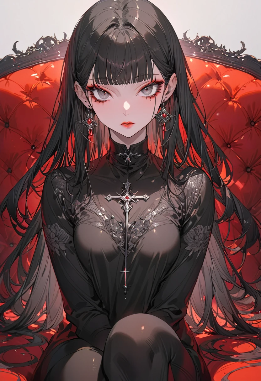 (Highest quality,Super detailed,High resolution:1.2),beautiful woman with perfect face,very_Long eyelashes, Detailed lips, Cool look, Soft Skin, Shiny Hair,Exquisite makeup,Heavy bangs,Dilated grey eyes,Black straight long hair, Wearing a black silk shirt,Sitting cross-legged on a red sofa,