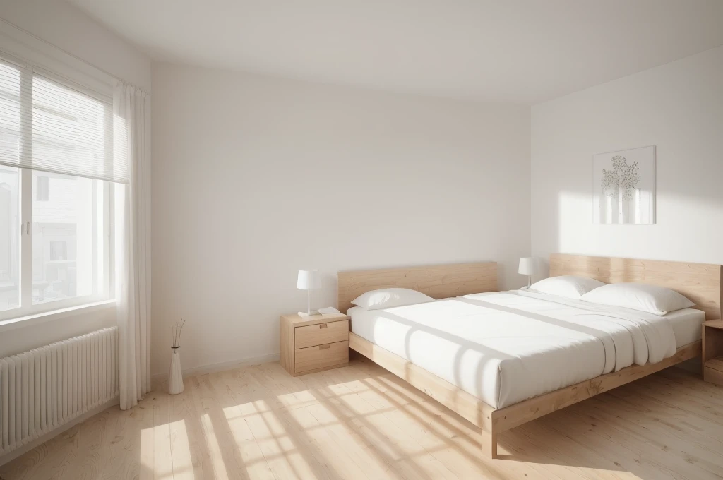 there is a bed with a wooden headboard and foot board in a room, bedroom background, all white render, bedroom interior, fotografia, natural light in room, bright render, sterile minimalistic room, minimalist and clean, clean minimalist design, white bed, clean 3 d render, elegant minimalism, best on adobe stock, inside of a bedroom, clean render