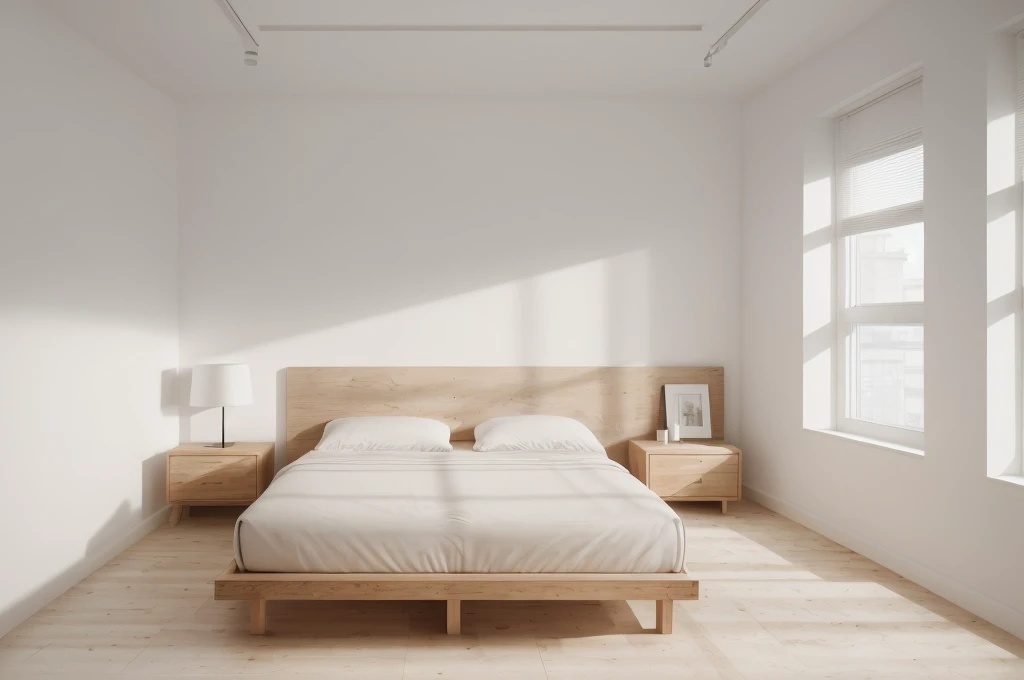 there is a bed with a wooden headboard and foot board in a room, bedroom background, all white render, bedroom interior, fotografia, natural light in room, bright render, sterile minimalistic room, minimalist and clean, clean minimalist design, white bed, clean 3 d render, elegant minimalism, best on adobe stock, inside of a bedroom, clean render