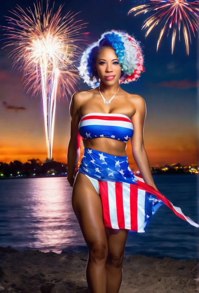 a beautiful biracial woman in american flag bikini, lots of flag and united states of america colours, firworks in the sky, american city, blue hair, blue light eyes, extremely detailled full body photo