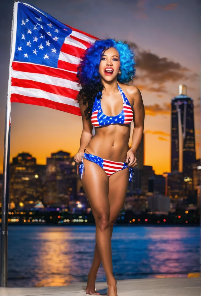 a beautiful biracial woman in american flag bikini, lots of flag and united states of america colours, firworks in the sky, american city, blue hair, blue light eyes, extremely detailled full body photo