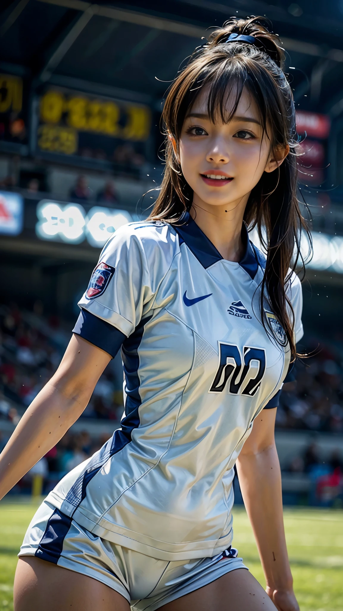 Highest quality, High resolution:1.2, Very detailed, Realistic:1.3, ((Beautiful woman))、((Super tight uniform))、((Big Breasts))、Vibrant colors, play soccer,((Blunt bangs))、With bangs、Wet Hair, concentrated, splash, Action Shots, Grass blotches, Muddy ground, Wet turf, decide, Fast-paced games, Athletic physique, Shiny soccer ball, Wet Uniform, raindrop, Blurred motion, ボールにconcentratedする, Intense competition, Skillful dribbling, Energetic play, Teamwork, powerful shoots, Wet pitch, Passionate sports, Fierce decide, Humid atmosphere, Fluid movement, emotional expression、Dramatic lighting, Women's Sports, Avid athletes, Exciting Games, Endure, Excited state, Speed and agility, Energetic play, 濡れたsplash、smile、Red Uniform