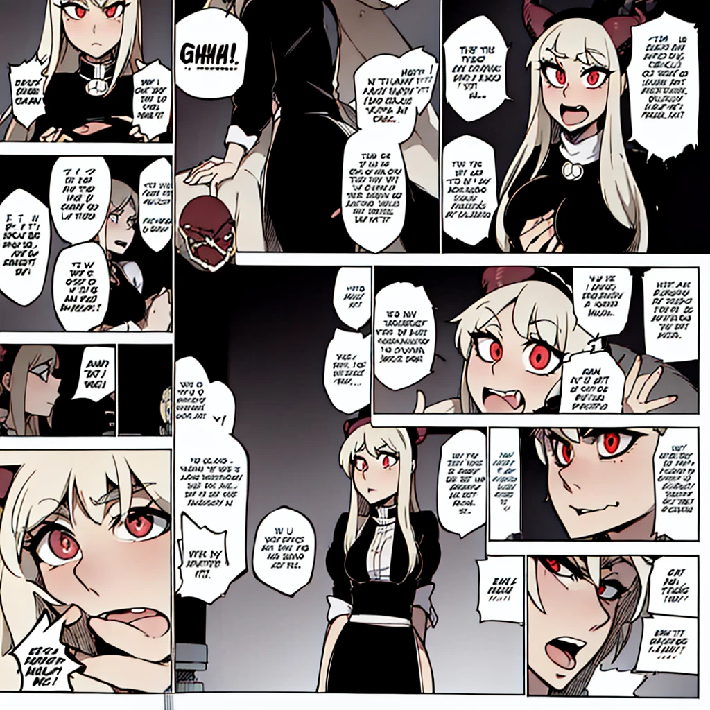 modeus(helltaker), black horns, large breasts, simple background, red eyes, long sleeves, closed mouth, symbol-shaped pupils, clothes tug, white background, black thighhighs, solo, sweater, long hair, white hair, medium hair, demon tail, sleeves past wrists, ribbed sweater, thighhighs, blush, turtleneck, 1girl, turtleneck sweater, heart, demon horns, tail, leaning forward, black tail, horns, heart-shaped pupils, red sweater, looking at viewer, hair between eyes, cowboy shot, demon girlA girl frontal,((full bodyesbian,whaite hair,curlies,(the maid outfit))),Smoke a big cigarette,Young, White background