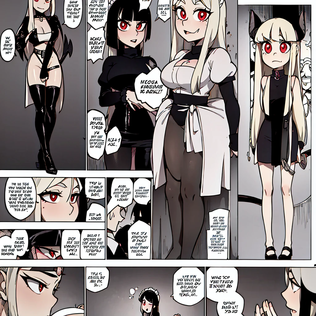 modeus(helltaker), black horns, large breasts, simple background, red eyes, long sleeves, closed mouth, symbol-shaped pupils, clothes tug, white background, black thighhighs, solo, sweater, long hair, white hair, medium hair, demon tail, sleeves past wrists, ribbed sweater, thighhighs, blush, turtleneck, 1girl, turtleneck sweater, heart, demon horns, tail, leaning forward, black tail, horns, heart-shaped pupils, red sweater, looking at viewer, hair between eyes, cowboy shot, demon girlA girl frontal,((full bodyesbian,whaite hair,curlies,(the maid outfit))),Smoke a big cigarette,Young, White background