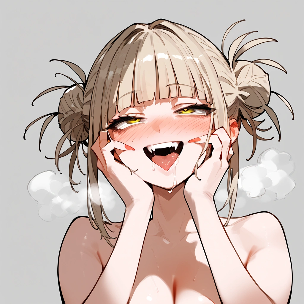 anime artwork, score_9, score_8_up, score_7_up, score_6_up, score_5_up, score_4_up, floox style    //////Himiko toga, big breasts, she is 24 years old, style_3, , , , naked,, yellow eyes, solo, nude,, smile, ,   grey background, simple background , , ,hands on face, AMAZING!, ahegao, , , full-face blush, saliva,  , steam, deep breath, , , steaming body,  face close-up, she get fucked, a little bit below view, rolling eyes, big tits 