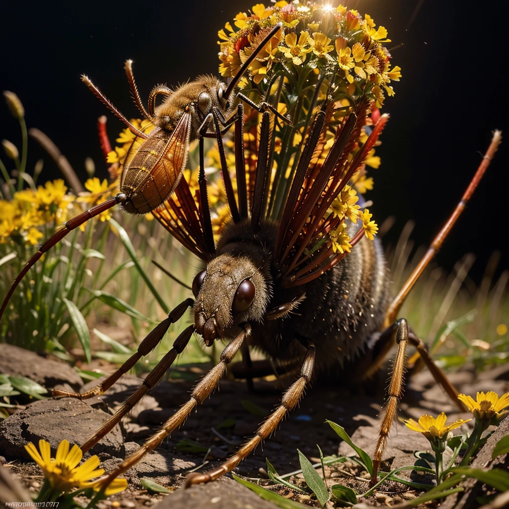 A mosquito dancing in a field of red, blue and golden flowers, highly detailed, photorealistic, cinematic lighting, vibrant colors, lush detailed flowers, depth of field, intricate insect anatomy, macro lens, award winning photograph