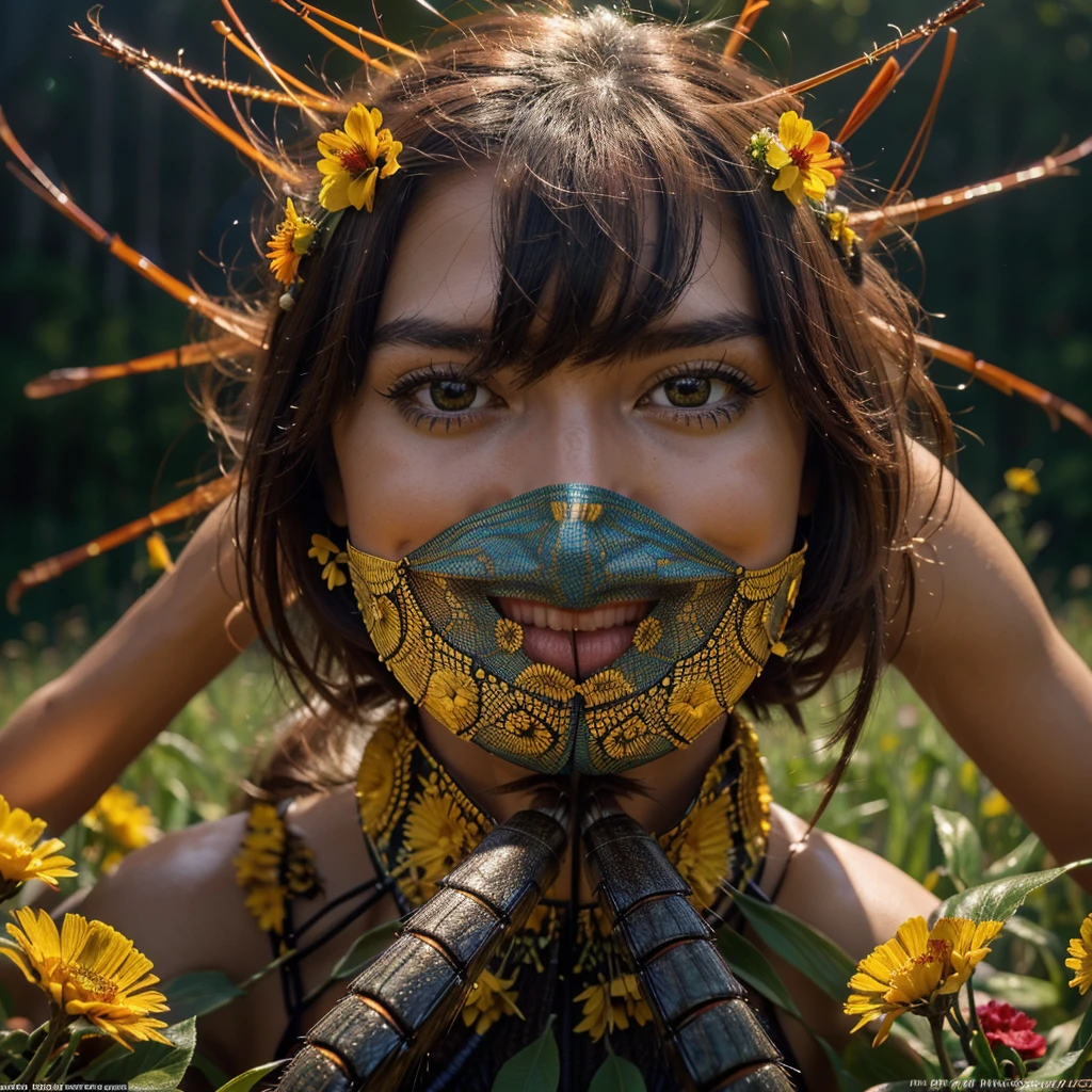 A mosquito dancing in a field of red, blue and golden flowers, highly detailed, photorealistic, cinematic lighting, vibrant colors, lush detailed flowers, depth of field, intricate insect anatomy, macro lens, award winning photograph