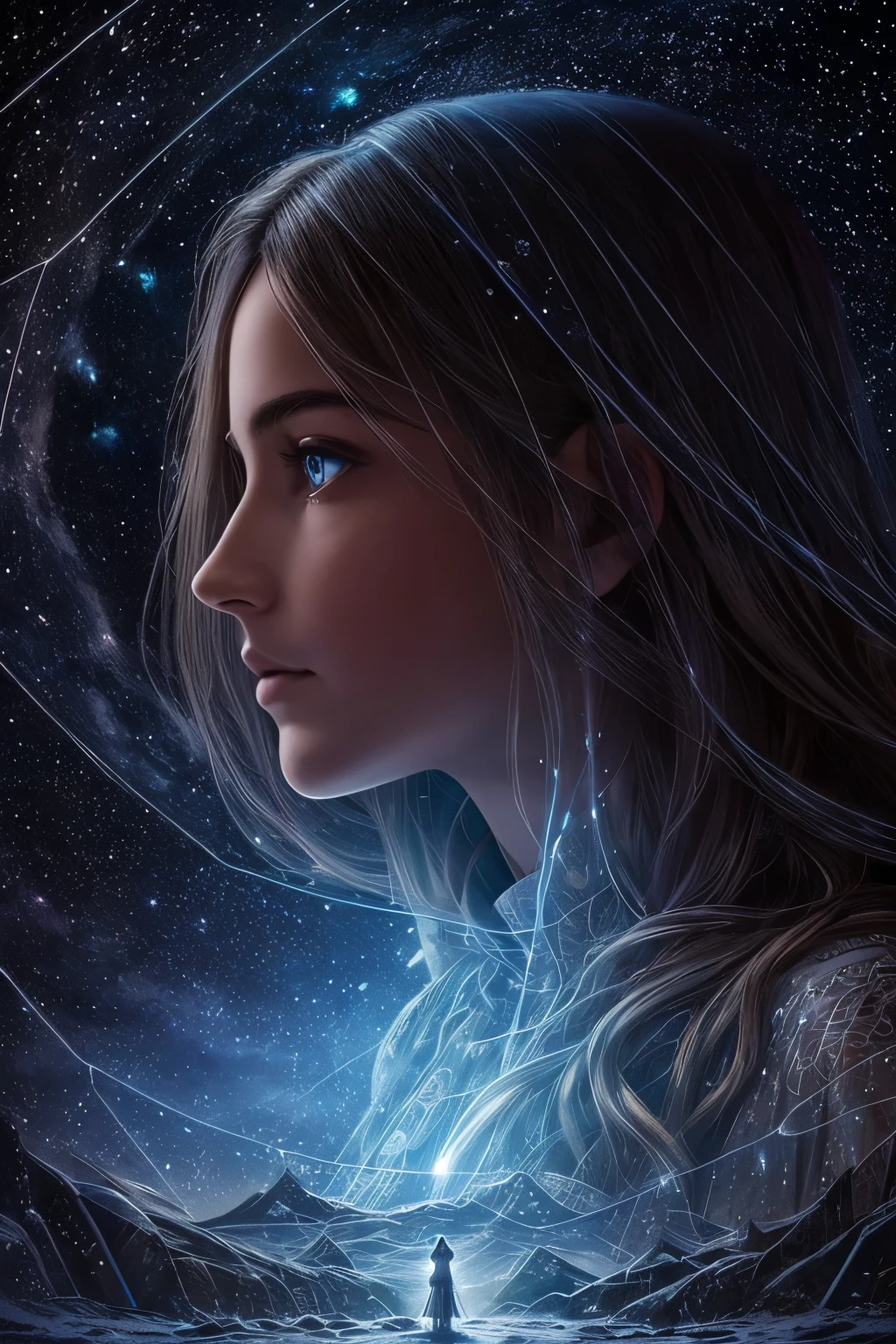 In the depths of the night, where the constellations form an infinite tapestry of paisleys, a solitary figure stands, lost in thought. The condensation from the night's chill tumbles down, blurring her vision, yet her gaze remains steadfast, peering into the enigma that the cosmos presents. Is it in the labyrinth of the stars above, in the cryptic signs of the heavens, or is it a reflection in her eyes themselves, a cryptic mystery only she can decipher?
This intimate moment is captured in exquisite detail, with the artists' masterful strokes bringing the glowing pupils of the figure to life, their intr
