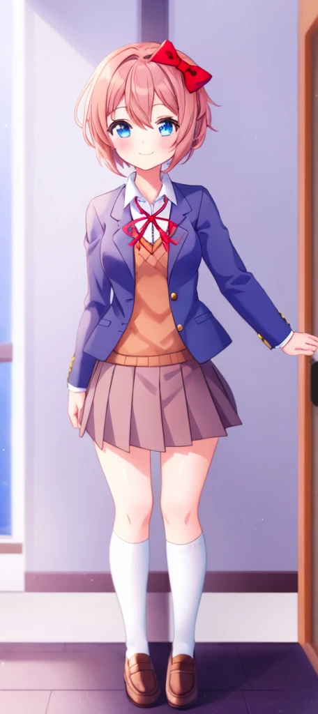 one girl, Sayori, DDLC, school blazer, hair bow, close to girl, too gentle, blue eyes, she is always smiling, full body, cute pose