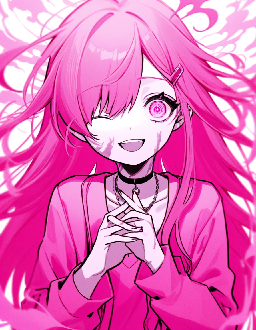 chromatic aberration, One girl, Long Hair, Pink Hair, Messy Hair, Pink highlights, Hair on one eye, Pink eyes, Sharp eyes, choker, Armband,   Laugh eerily, Pink flames on hands, Pink clothes, 