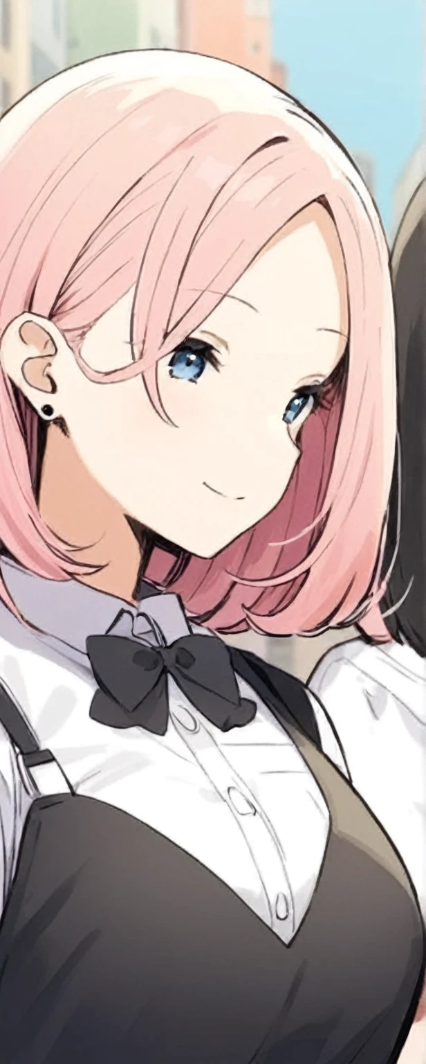 Anime girl with pink hair and black bow tie standing in front of a building, Haruno sakura, Rorish, Fine details. Girls&#39; Frontline, Cute girl anime visuals, Eat and drink, from Girls&#39; Frontline, sayori, Very cute anime girl face, Close-up of a young anime girl, Girls&#39; Frontline, From Arknights, Haruno sakura, shikamimi