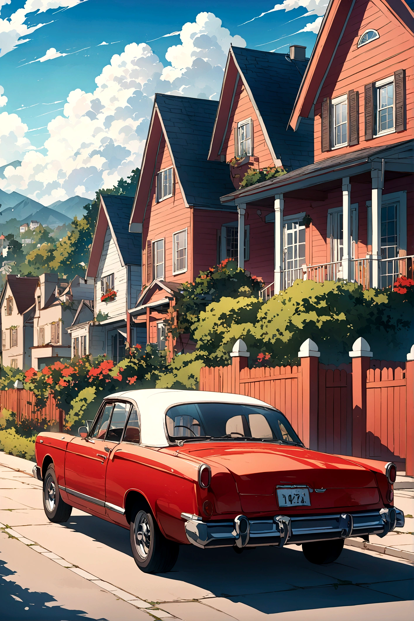 The image is an anime artwork of a residential neighborhood during a cloudy day, featuring a red car parked in front of a house with a white picket fence.