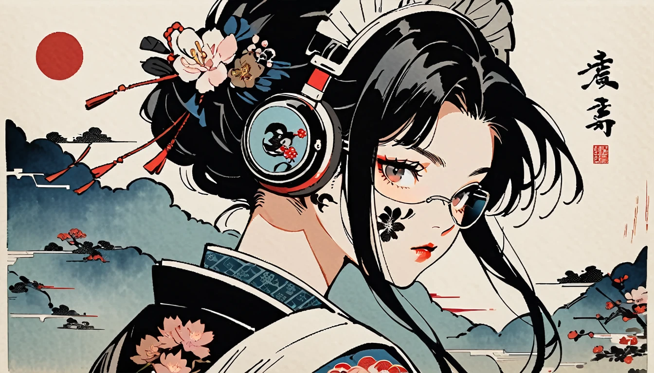 Ink Painting, (((1 girl))), (((Tattoo on face))), (((sunglasses))), Japanese style headphones, Japanese sword, beautiful girl, Black Hair, Delicate and precise, Modern ukiyo-e style, Maid