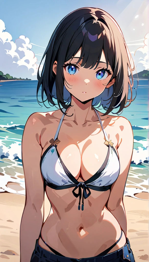 (((masterpiece))), (((best quality))), ((ultra-detailed)), (((illustration))), (1girl), (beautiful Japanese woman), (long black hair), (anime style), (blue eyes), (beach background), (wearing traditional bikini), (detailed face), (perfect anatomy), (detailed lighting front), (serene expression), (minimalist style),(cleavage:1.1),cowboy shot, (Amasterpiece:1.2), (highest quality:1.2), high quality, ultra-detailed