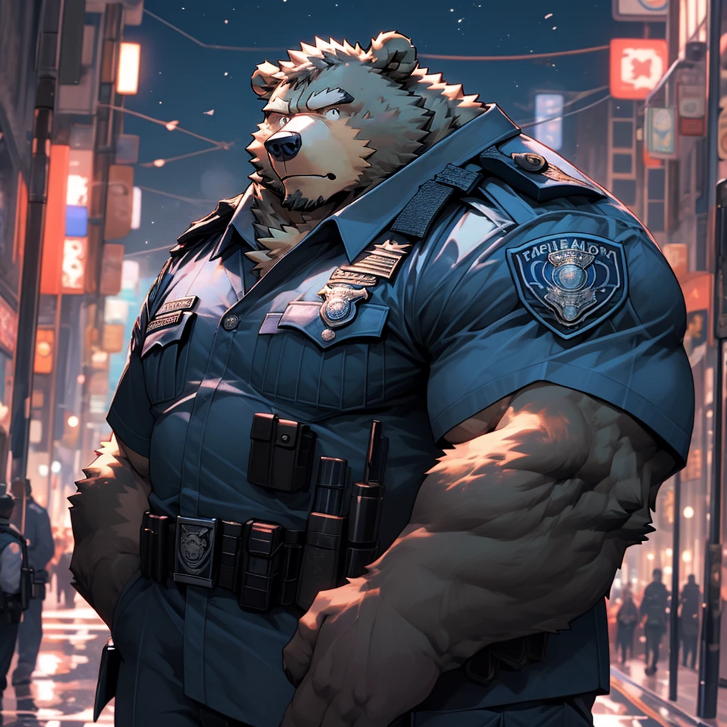 A muscular and strong police officer bear in uniform with a busy city pedestrian street in the background. A strong bear holding a baton.
