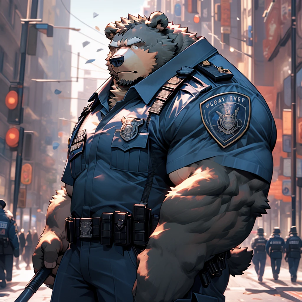A muscular and strong police officer bear in uniform with a busy city pedestrian street in the background. A strong bear holding a baton.