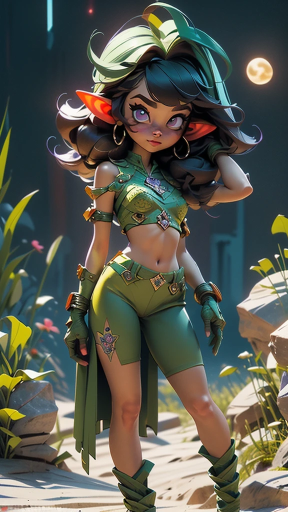 cel shading, outlines, vector art, ((goblin girl)), flat colors, cel shading, outlines, vector art, night time, night sky, short height, 1girl, solo, full body image, very short goblin mage, short stack, ((green skin)), two long ears, long black colored hair, long bangs, sword, dark purple eyes, purple tube top, midriff, purple shorts, gloves, dark purple boots ((intricate detail)),(((realism))), HDR, 8k, absurdres, cinestill 800, sharp focus, add_detail:2, (solo, woman)