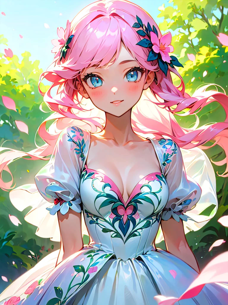 (masterpiece, best quality:1.3), 1girl, light pink hair, long hair, light smile, upper body, looking at viewer, dr3ss, pastel theme gown, floral print, puffy short sleeves, hair flower, see-through, intricate embroidery, cleavage, medium breasts, flowers, falling petals, outdoors, light rays, flying petals, beautiful face, beautiful eyes, 