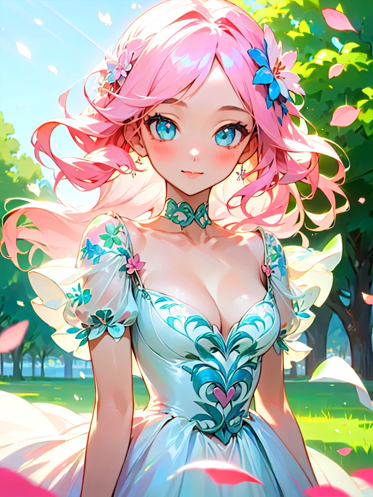 (masterpiece, best quality:1.3), 1girl, light pink hair, long hair, light smile, upper body, looking at viewer, dr3ss, pastel theme gown, floral print, puffy short sleeves, hair flower, see-through, intricate embroidery, cleavage, medium breasts, flowers, falling petals, outdoors, light rays, flying petals, beautiful face, beautiful eyes, 