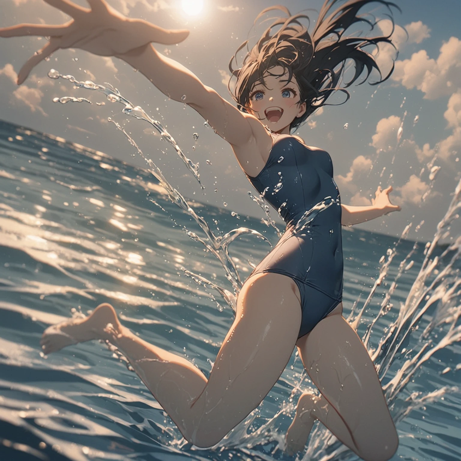 1girl、afloat、Black Hair、Navy blue swimsuit、Ocean、Oceanに浸かる、evening、Reflection on the water、deep faint light 、 detailed CG、high resolution